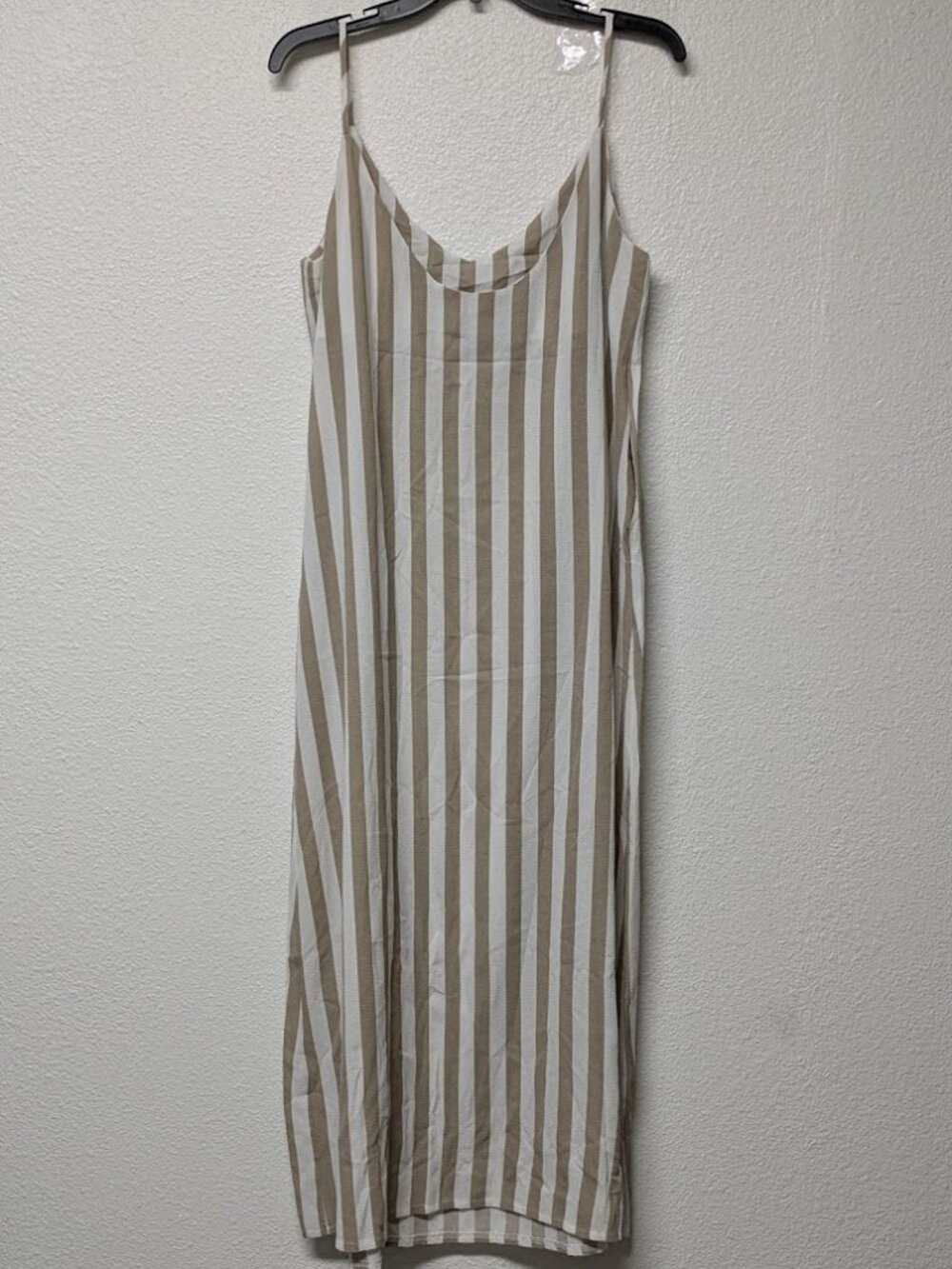 Women's Brown and White Striped Open-back Spaghetti Strap Maxi Dress